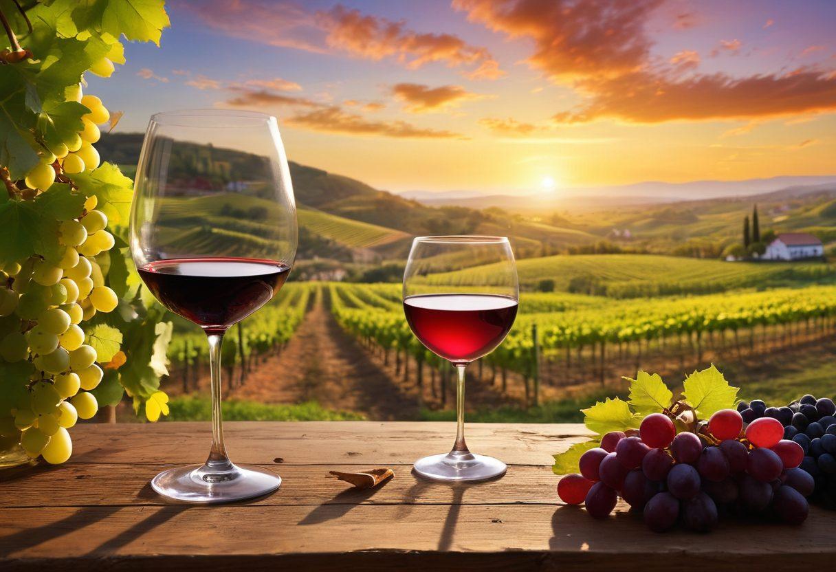 A picturesque vineyard with lush green vines stretching across rolling hills under a golden sunset. In the foreground, a crystal-clear wine glass catching the light, filled with rich red wine, reflects the vibrant colors of the sky. Include an artisan winemaker in the background, skillfully crafting wine, surrounded by barrels and grapes scattered on the ground. The atmosphere should convey warmth and passion for the art of winemaking. super-realistic. vibrant colors. natural lighting.