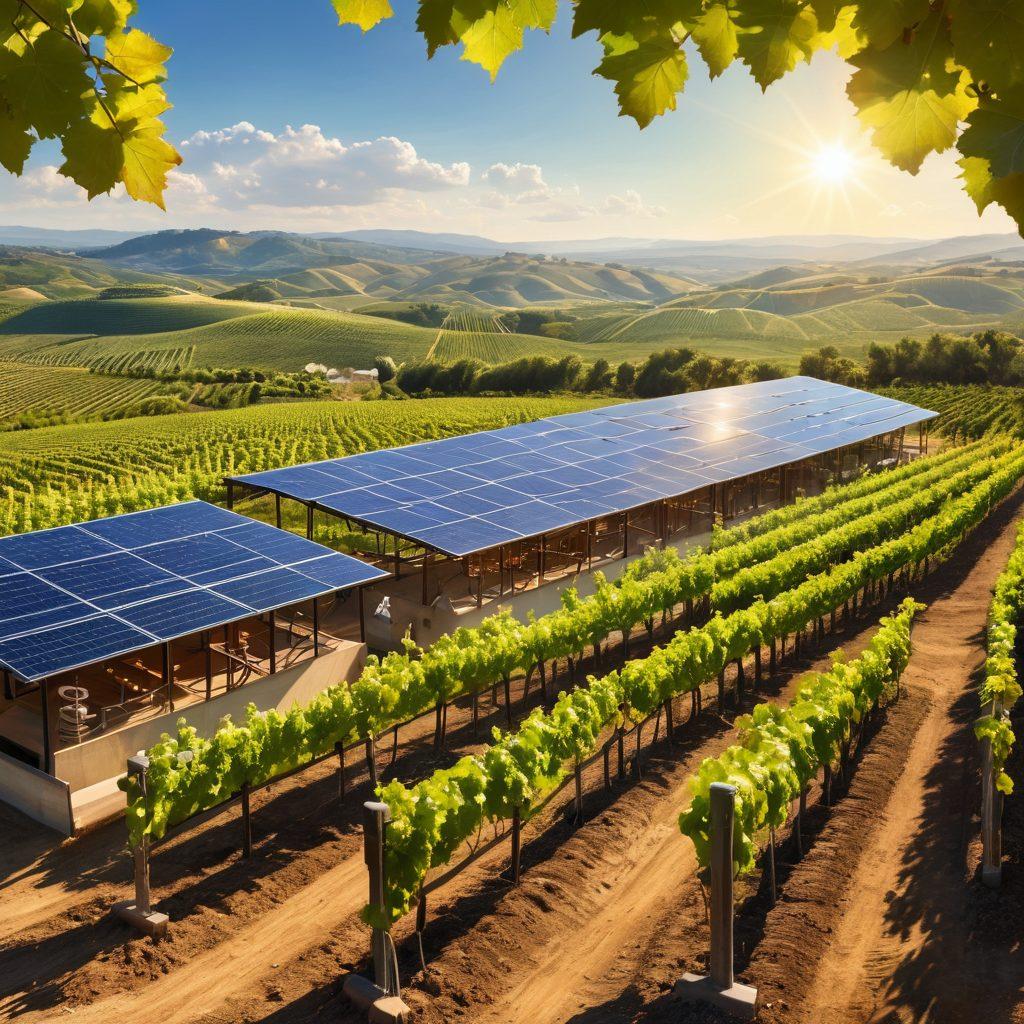 A breathtaking vineyard with lush green vines, bubbling fermentation tanks, and solar panels glistening under the sun. Include workers carefully tending to organic grapes, eco-friendly farming techniques, and a backdrop of rolling hills emphasizing harmony with nature. The scene should evoke a sense of sustainability and innovation in wine production. vibrant colors. super-realistic.