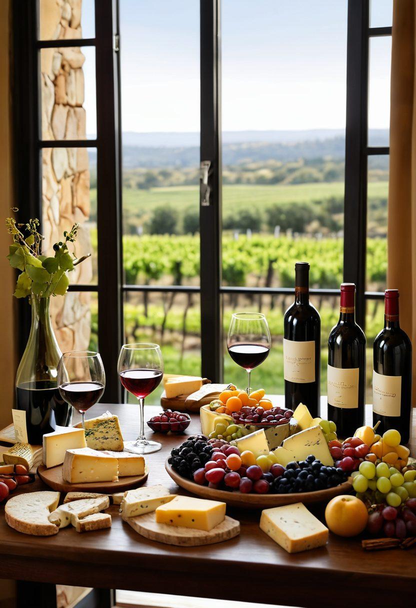 A beautifully arranged wine tasting table featuring an assortment of wine bottles, elegant glasses filled with different wines, and a selection of gourmet cheeses and fruits. Soft sunlight filters through a nearby window, casting a warm glow on the scene, while a corkscrew and tasting notes lie artistically scattered. Background elements include a vineyard landscape visible through the window. super-realistic. warm colors. inviting atmosphere.